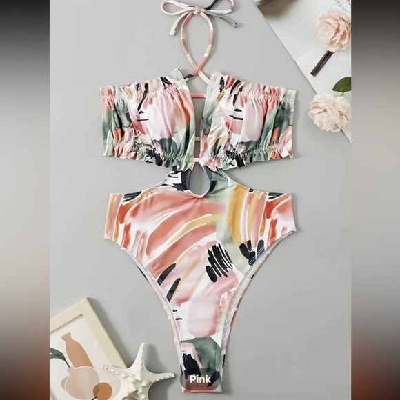 Painting Abstract Floral Side Cut-Out One-Piece Swimsuit Beachwear - Picture 3 of 7